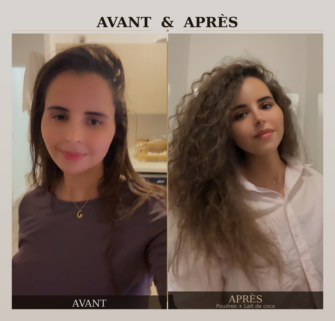 Avant/après cheveux abîmés traités avec le masque 3 poudres COCOAÏ au lait de coco
