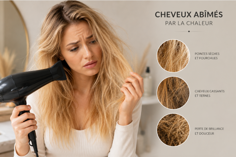 Femme aux cheveux brillants et sains après utilisation du sèche-cheveux ionique COCOAÏ